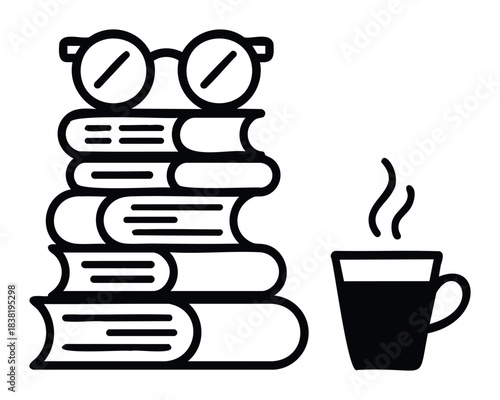 Stack of books with reading glasses on top and steaming cup of coffee on the side suggesting study leisure and learning for education or relaxation needs