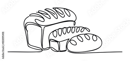 Continuous line drawing of various loafs of bread, offering a simple yet elegant representation of baked goods for bakery promotions and foodrelated projects
