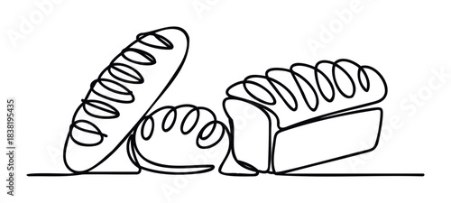 One line drawing of freshly baked bread loaf and baguette, perfect for bakery promotion, food blogs, or culinary websites seeking a simple yet appealing visual.