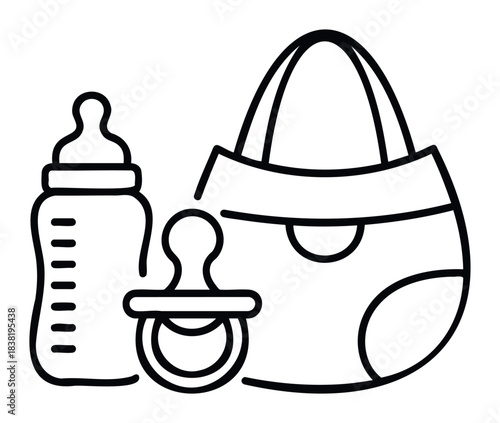 Baby essentials line art set featuring a baby bottle, pacifier, and diaper bag for infant care and parenting needs in a simple graphic style