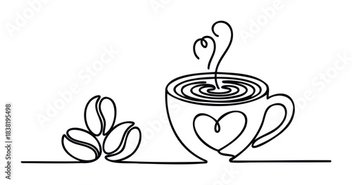 Minimalist single line drawing of a coffee cup with steam and coffee beans symbolizing love for coffee, perfect for cafe branding and beverage promotion