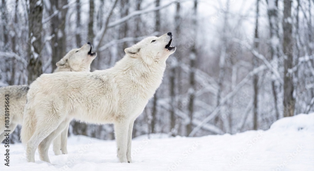 Obraz premium Wild arctic wolves stand in a cold snowy forest howling to the winter sky
