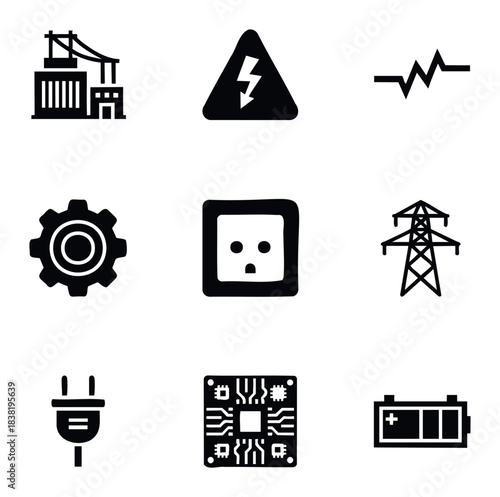 Collection of energy and technology icons including power plant, lightning bolt, waveform, gear, outlet, pylon, plug, circuit board, and battery for use in presentations and web graphics