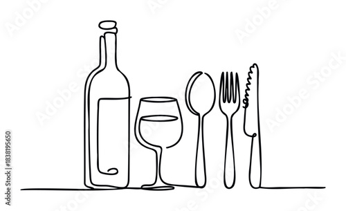 A minimalist continuous line drawing depicting a wine bottle, a wine glass, a spoon, a fork, and a knife, perfect for restaurant menus, culinary websites, and lifestyle blogs.