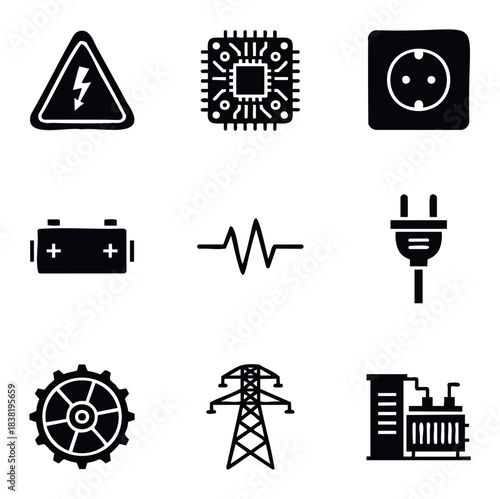 Collection of black and white icons representing electrical components and power infrastructure for technology and energy related concepts.