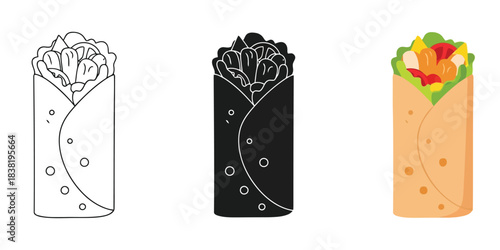 Set of three burrito icons outline, silhouette, and color flat illustration