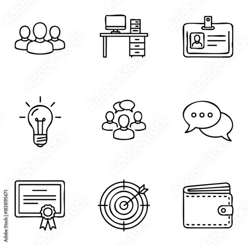 Collection of business and work related icons for office, team, idea, success, and finance including people, desk, ID, lightbulb, chat, certificate, target and wallet for use in