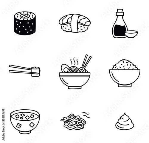 Collection of nine Japanese food icons including sushi, ramen, and soy sauce bottle for food service and culinary themes