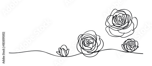 Abstract continuous line drawing of blooming roses in varying sizes, suggesting growth and beauty, ideal for elegant floral themes and sophisticated graphic applications.
