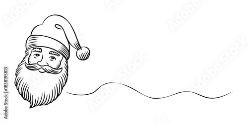 Classic black line drawing of Santa Claus head with flowing beard and festive hat, perfect for holiday greetings and winter celebrations.