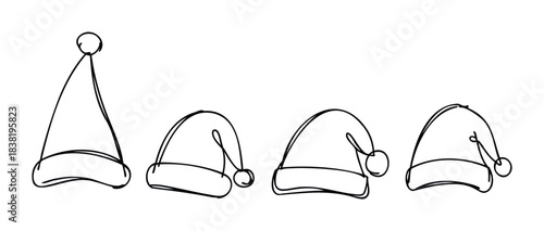 Collection of hand drawn continuous line santa hats with pom poms, perfect for holiday marketing and festive celebrations