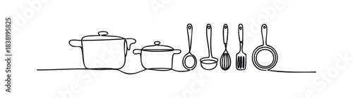 A continuous line drawing shows a collection of essential kitchenware including pots, ladles, and a frying pan, perfect for food blogs and culinary websites.