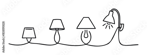 Group of stylized lamps connected by a continuous line, representing a flow of ideas or interconnected illumination for various applications.