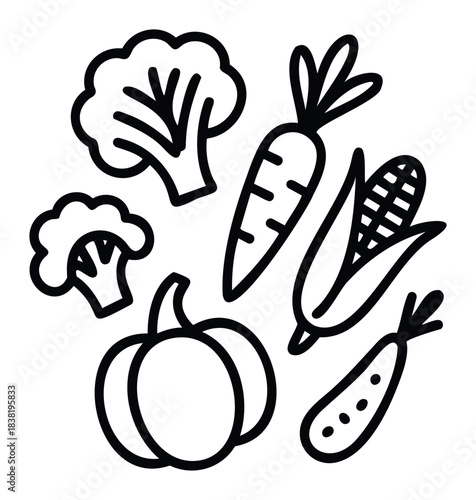 Collection of simple outline vegetable icons including broccoli, carrot, corn, pumpkin, and pea pod for healthy eating and organic food concepts.