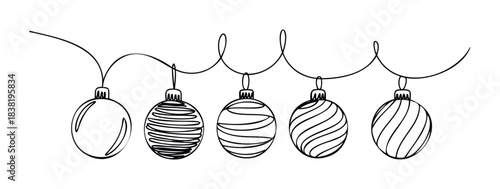 Simple continuous line drawing of a string of five festive holiday ornaments, perfect for Christmas and winter celebrations, suitable for greeting cards and seasonal decor projects.