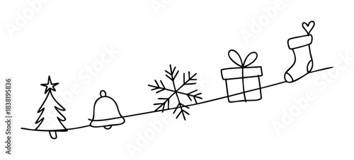 Hand drawn festive line art decorations including a Christmas tree, bell, snowflake, gift box, and stocking with a heart, perfect for holiday greetings and seasonal celebrations.