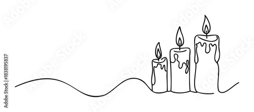 Minimalist line art celebrates the gentle glow of three burning candles, perfect for adding warmth and ambiance to festive occasions or solemn moments.