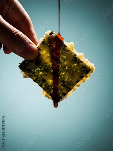 Tempura seaweed snack lifted by hand with sauce drizzle falling, teal background, dramatic texture-focused snack photography for bold food ads