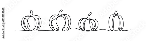 Minimalist continuous line drawing of four pumpkins in a row, perfect for autumn seasonal themes, harvest celebrations, and fall holiday visuals.