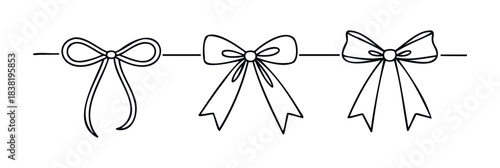 Black outline bows of varying styles create a decorative border or accent for gift wrapping celebrations or festive occasions with a simple linear aesthetic