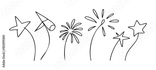 Celebrate with a collection of whimsical star and firework doodles, perfect for party invitations, festive greetings, and holiday celebrations.