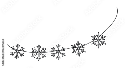 A delicate garland of whimsical snowflakes gracefully curves across a clean space, perfect for festive holiday invitations or winterthemed celebrations.