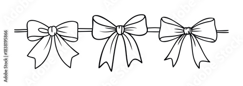 Three simple bow graphics in a row on a thin string line, perfect for holiday wrapping, gift tags, or party invitations providing a festive accent.