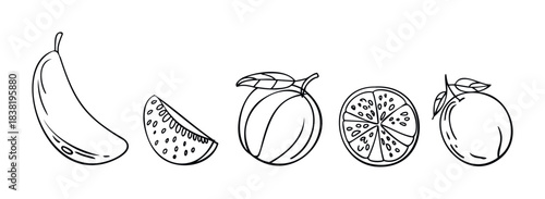 Collection of fresh fruit line drawings including banana, watermelon slice, peach, orange slice and whole orange for healthy food concepts and recipes.