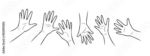Collection of diverse hands raised up showing openness and readiness for engagement in various communication or participation scenarios