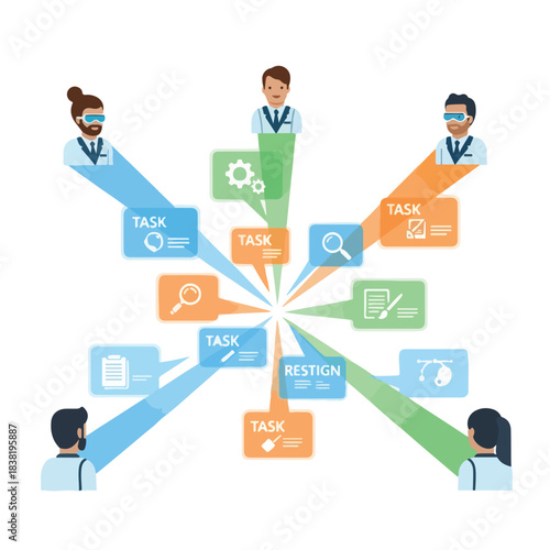 Flat lay illustration of a team collaborating on tasks and restrictions with various icons and speech bubbles on a white background.
