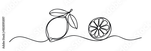Simple continuous line drawing of a whole lemon with leaves and a sliced lemon, perfect for food and beverage marketing and healthy lifestyle promotions