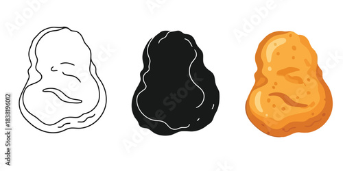 Set of three chicken nuggets icons outline, silhouette, and colored illustration