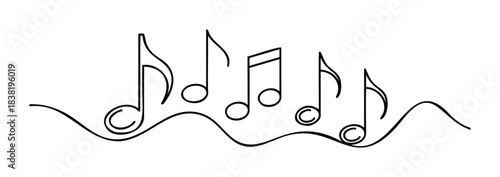 Dynamic black musical notes flowing across a wavy staff creating a sense of movement and melody, perfect for music production or educational materials.