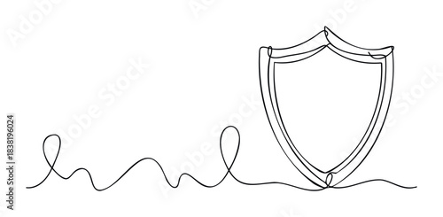 Simple line drawing of a shield connected to a wavy line, representing protection and flow, ideal for security services, abstract concepts, or graphical elements.