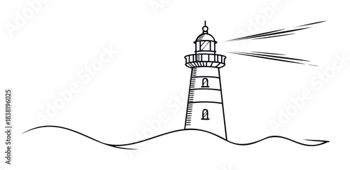 Monochromatic sketch of a lighthouse beaming light over rolling dunes, ideal for maritime themes, navigation concepts, and coastal safety messages.