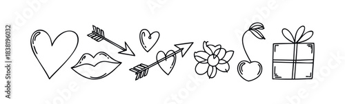 Collection of Valentines Day symbols including hearts, lips, arrows, flower, cherry, and gift box for romantic themes and greetings.
