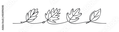 Minimalist continuous line drawing of four distinct leaf shapes connected by a flowing line for seasonal or naturethemed projects
