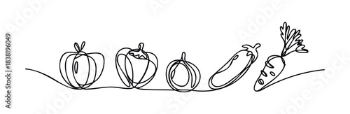 Simple line art vector of various fresh vegetables including an apple, bell pepper, pumpkin, eggplant, and carrot, perfect for healthy eating and organic food concepts.