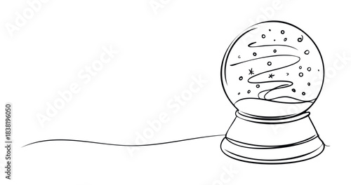 Minimalist line drawing of a snow globe with swirling flakes and a scenic landscape inside, perfect for holiday and winter themes.