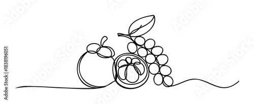 Simple continuous line drawing of a bunch of grapes, a mangosteen and a leaf for organic and natural produce promotion and healthy eating concepts