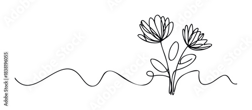 Minimalist single line drawing of delicate flowers with flowing wavy stems, perfect for elegant branding, feminine stationery, and organic product promotions.