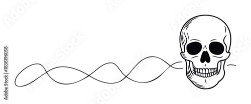 Stylized skull with a flowing wavy line connecting to it, perfect for gothic themes, Halloween graphics, or morbidly intriguing projects.
