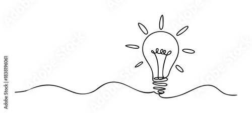 Single line drawing of a light bulb symbolizing a new idea or inspiration, perfect for presentations and website graphics.