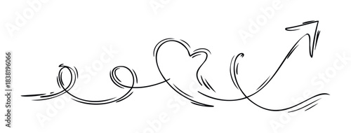 Abstract black ink line drawing depicts a journey from simple curves to a heart shape and then an upward arrow symbolizing growth, progress, and transformation, perfect for presentations on