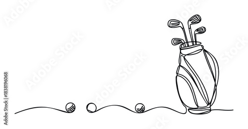 Continuous line drawing of a golf bag with clubs and golf balls, perfect for sports, leisure, and outdoor activity themes in media and marketing materials