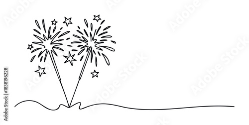 Celebration fireworks with star bursts and wavy ground line, symbolizing joy and festivity for holidays and special events.