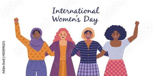 Celebrating international women s day with diverse group of women raising hands