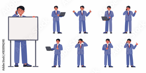 Businessmen in suits presenting talking on phones and using laptops vector illustration