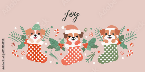 Festive illustration of three adorable puppies in christmas stockings with holly