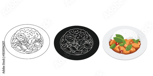 Set of three curry rice illustrations line art, silhouette, and color version